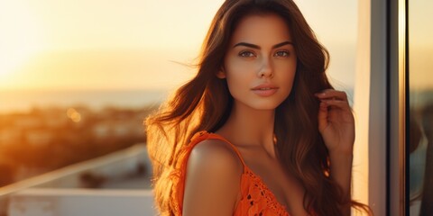 Poster - A beautiful young woman standing next to a window. Ideal for lifestyle and fashion concepts