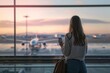 Young casual female traveler at airport, holding smart phone device, looking through the airport gate windows at planes on airport runway.
