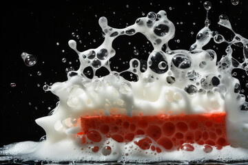Poster - Cleaning sponge and soapy foam on black background. Sponge, soap, Bubbles, Cleaning service. Flat lay, top view, copy space. Macro. Red Washcloth with soap foam in bathroom.