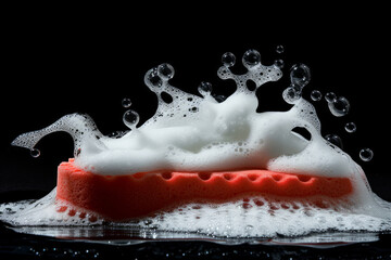 Poster - Cleaning sponge and soapy foam on black background. Sponge, soap, Bubbles, Cleaning service. Flat lay, top view, copy space. Macro. Red Washcloth with soap foam in bathroom.