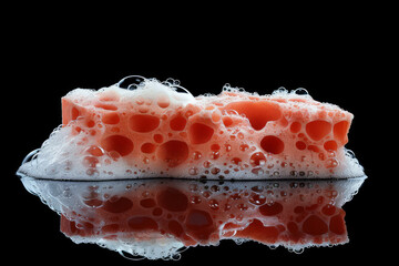 Poster - Cleaning sponge and soapy foam on black background. Sponge, soap, Bubbles, Cleaning service. Flat lay, top view, copy space. Macro. Red Washcloth with soap foam in bathroom.