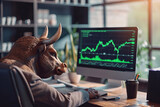 Fototapeta  - Big bull sitting near computer screen with green stock market. Bull market