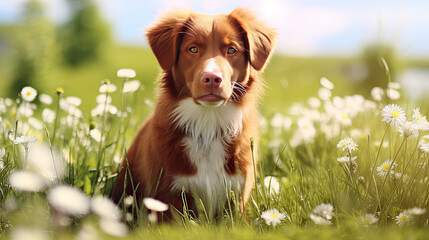 Moment of tranquility with radiant Nova ScotiaTolling Retriever, captured amidst the charm of a blooming meadow. The vibrant greens and whites frame this dog's inquisitive gaze and soft, fluffy fur.