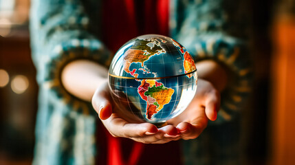 Wall Mural - A young girl delicately holds a glass globe in her hands