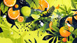 A lime green wall featuring a vibrant, abstract depiction of a citrus grove, with fruit and leaves transforming into small, playful animals