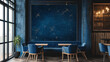 A midnight blue wall featuring a large, abstract representation of a starry night, with stars forming outlines of nocturnal animals