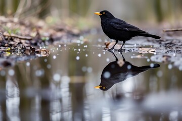 Canvas Print - blackbird with reflections in a forest floor puddle