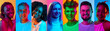 © Lustre Art Group  - Banner. Collage made of portraits of people different ages and nationalities smiling in neon light against colorful gradient background. Concept of human emotions, self-expression, facial expression.