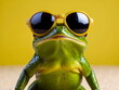 funny green frog with sunglasses with yellow background generative AI