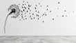 A stark white wall featuring a large, abstract dandelion, its seeds transforming into small, geometric birds