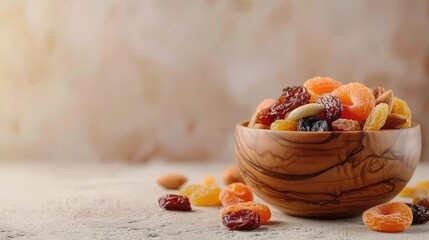 Wall Mural - Dried fruits and nuts on a beige ceramic table. The mix of nuts, apricots, and raisins in a wooden bowl. Copy space