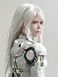 Thoughtful android girl with white mechanical body