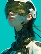 Cybernetic woman in helmet with virtual reality interface