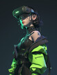 Stylish woman with green VR headset looking confident