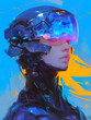 Vibrant cyberpunk woman with futuristic VR helmet