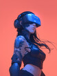 Female cyborg with VR headset against neon red background
