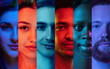 © Lustre Art Group  - Collage. Close up, cropped portraits of diverse faces divided by color stripes under blue and orange lighting against colorful background. Concept of equality, unification of all nations, ages.