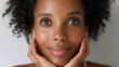 Happy attractive African American woman of middle age posing for beauty portrait. Pretty Black ethnic lady smiling on background, attractive female fashion model looking at camera. Close up face .