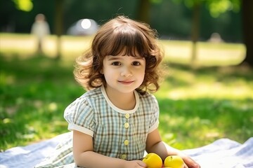 Sticker - Cute little girl with apples in the park at sunny summer day