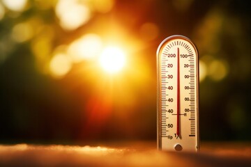 summer, hot weather, thermometer with sun in the background. represents an increase in temperature