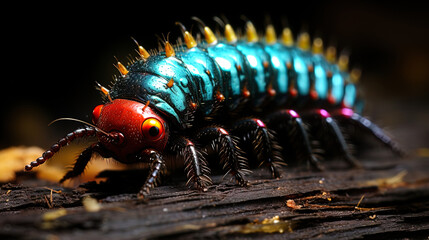 Wall Mural - A colorful bloodworm, pulled to the nectar of a flower, like a living rainbow, brightly illuminat