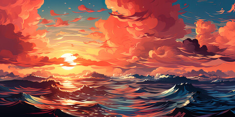 Wall Mural - The colored background, painted in bright shades of sunset, like a flaming fire on the hor