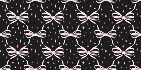 Wall Mural - Seamless pattern with various cartoon satin bow knots, gift ribbons. Trendy hair braiding accessory. Hand drawn vector illustration. Valentine's day background.