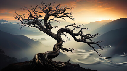 Wall Mural - The tree, majestically standing on the edge of a cliff or cliff, like a centuries old guard, obse