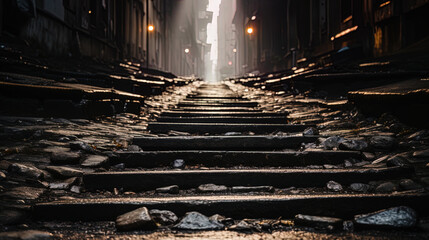 The underground descent in the subway, where the steps of steel stairs sparkle in the light of la