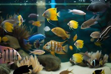 Fish Tank Display With Variety Of Fish At An Aquatic Expo