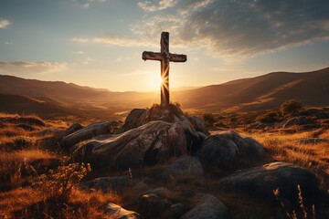 A serene scene unfolds as a cross stands tall atop a hill, silhouetted against the backdrop of a breathtaking sunset and a beautiful sky