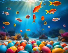 A Group Of Fish Swimming Over A Group Of Easter Eggs In An Ocean With Corals And Seaweed On The Bottom