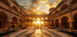 A palace with mosaic tiles and a central courtyard, under a warm, golden sunset sky