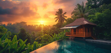 A Rustic Wooden Cabin Situated Beside A Pool With An Acrylic Roof, Surrounded By Lush Greenery, Under A Sunset Orange Hue