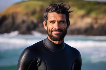 Wall Mural - Portrait of a man in wetsuit with a surfboard