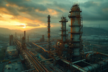 Poster - The juxtaposition of towering steel structures against a backdrop of untouched wilderness, symbolizing the coexistence of industry and nature. Concept of urban-nature harmony. Generative Ai.