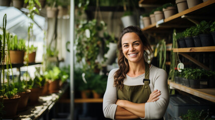 Wall Mural - happy young woman standing in her plant shop.