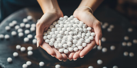 Human hands holding a huge pile of pills. Medicine and health care concept.