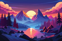 Mountains Lake And River Landscape Silhouette Tree Horizon Landscape Wallpaper Sunrise And Sunset Illustration Vector Style Colorful View Background