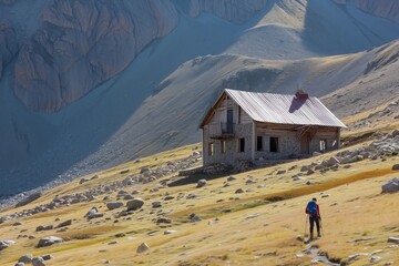 Wall Mural - lone mountain house with a hiker approaching