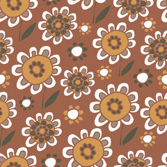 Wall Mural - Seamless vector pattern with hand drawn sunflowers on brown background. Simple vintage floral wallpaper design. Decorative flower fashion textile.