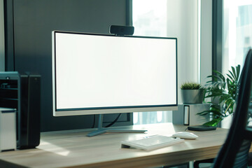 Wall Mural - Blank computer screen on a desktop in a bright modern office