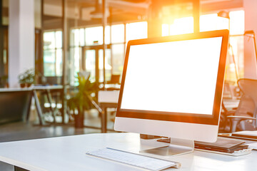 Wall Mural - Blank computer screen on a desktop in a bright modern office