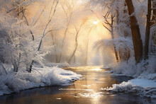 Winter landscape with a river and trees in hoarfrost at sunset