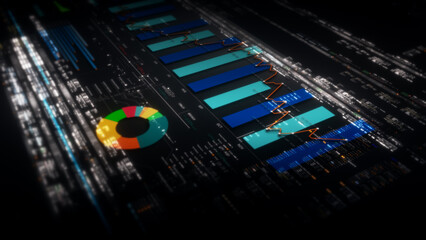 Fototapete - Business presentations with this stock market trading info graphic. Vibrant animated graphs and charts on a monitor display screen provide insightful data analysis, for productive business meetings