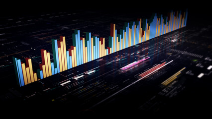 Fototapete - Business presentations with this stock market trading info graphic. Vibrant animated graphs and charts on a monitor display screen provide insightful data analysis, for productive business meetings