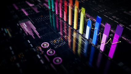 Poster - Business presentations with this stock market trading info graphic. Vibrant animated graphs and charts on a monitor display screen provide insightful data analysis, for productive business meetings