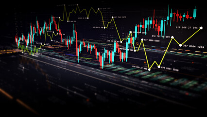Fototapete - Business presentations with this stock market trading info graphic. Vibrant animated graphs and charts on a monitor display screen provide insightful data analysis, for productive business meetings