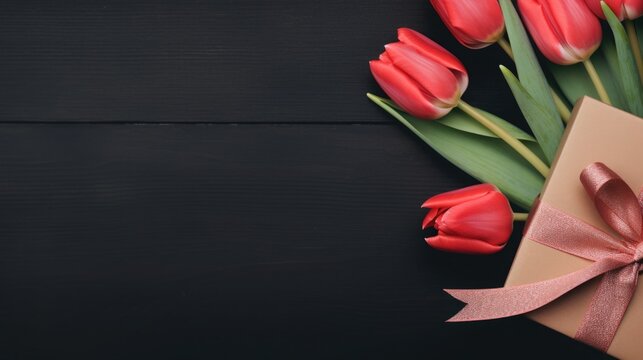 red tulips and gift, box on a background. card for Valentine's Day, March 8, Mother's Day, Birthday. Place for text