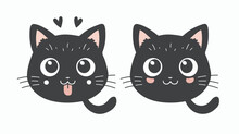 Black Cat Head Set. Two Kittens. Meow Lettering C
